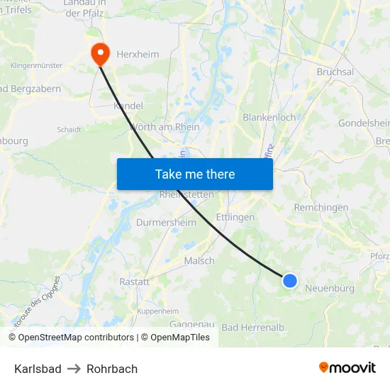 Karlsbad to Rohrbach map