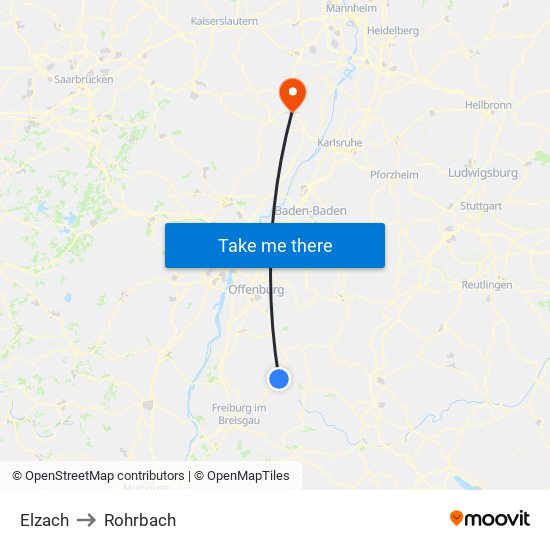 Elzach to Rohrbach map