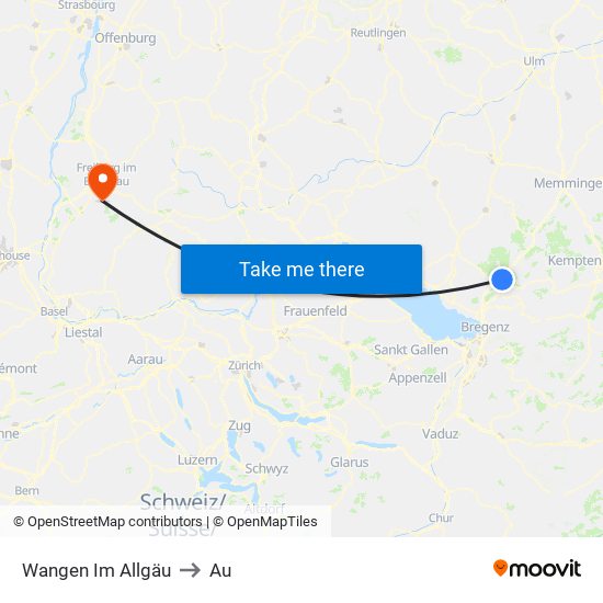 Wangen Im Allgäu to Au map
