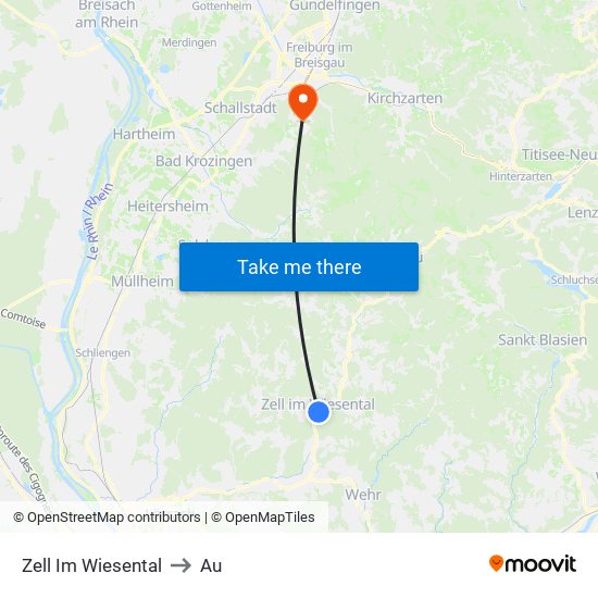 Zell Im Wiesental to Au map