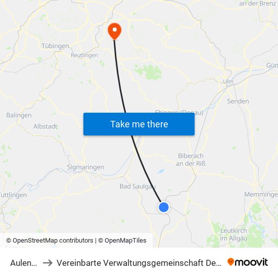 Aulendorf to Vereinbarte Verwaltungsgemeinschaft Der Stadt Neuffen map