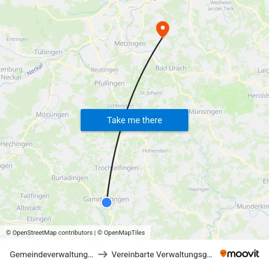 Gemeindeverwaltungsverband Gammertingen to Vereinbarte Verwaltungsgemeinschaft Der Stadt Neuffen map