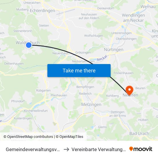 Gemeindeverwaltungsverband Waldenbuch/Steinenbronn to Vereinbarte Verwaltungsgemeinschaft Der Stadt Neuffen map