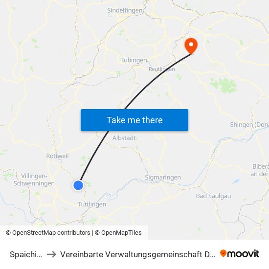 Spaichingen to Vereinbarte Verwaltungsgemeinschaft Der Stadt Neuffen map