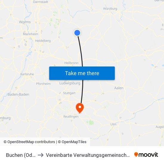 Buchen (Odenwald) to Vereinbarte Verwaltungsgemeinschaft Der Stadt Neuffen map