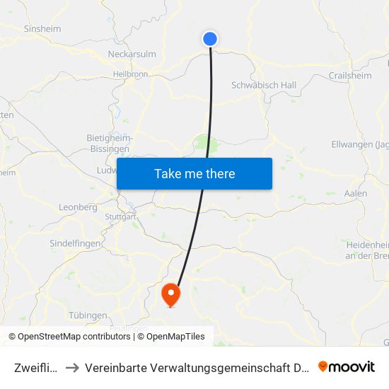 Zweiflingen to Vereinbarte Verwaltungsgemeinschaft Der Stadt Neuffen map