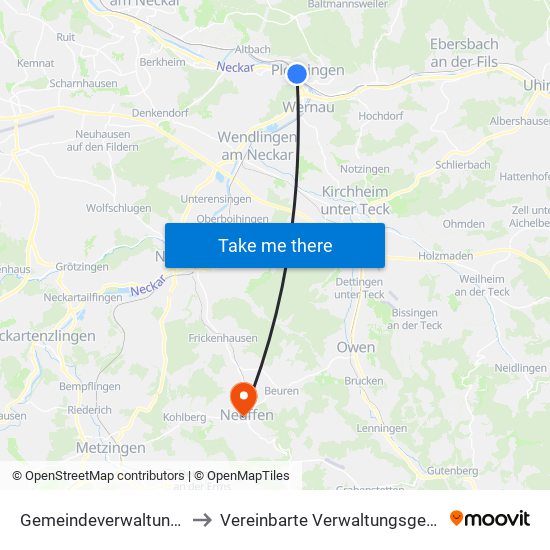 Gemeindeverwaltungsverband Plochingen to Vereinbarte Verwaltungsgemeinschaft Der Stadt Neuffen map