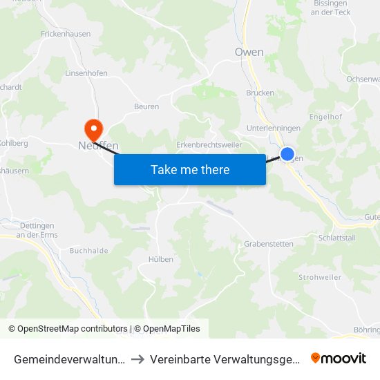 Gemeindeverwaltungsverband Lenningen to Vereinbarte Verwaltungsgemeinschaft Der Stadt Neuffen map