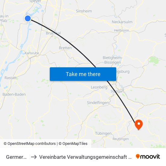 Germersheim to Vereinbarte Verwaltungsgemeinschaft Der Stadt Neuffen map