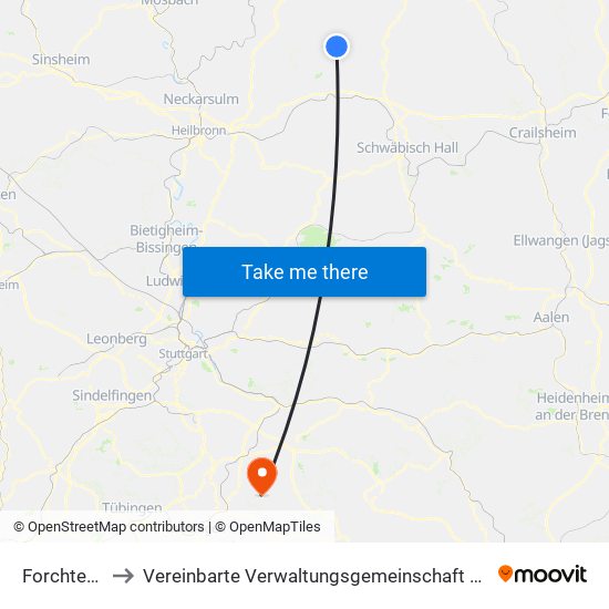 Forchtenberg to Vereinbarte Verwaltungsgemeinschaft Der Stadt Neuffen map