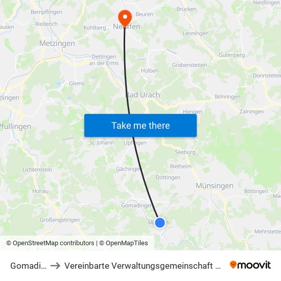 Gomadingen to Vereinbarte Verwaltungsgemeinschaft Der Stadt Neuffen map
