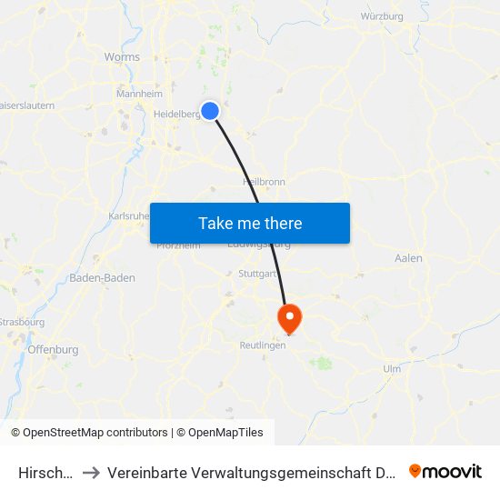 Hirschhorn to Vereinbarte Verwaltungsgemeinschaft Der Stadt Neuffen map