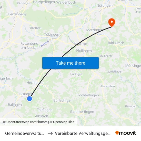 Gemeindeverwaltungsverband Bisingen to Vereinbarte Verwaltungsgemeinschaft Der Stadt Neuffen map