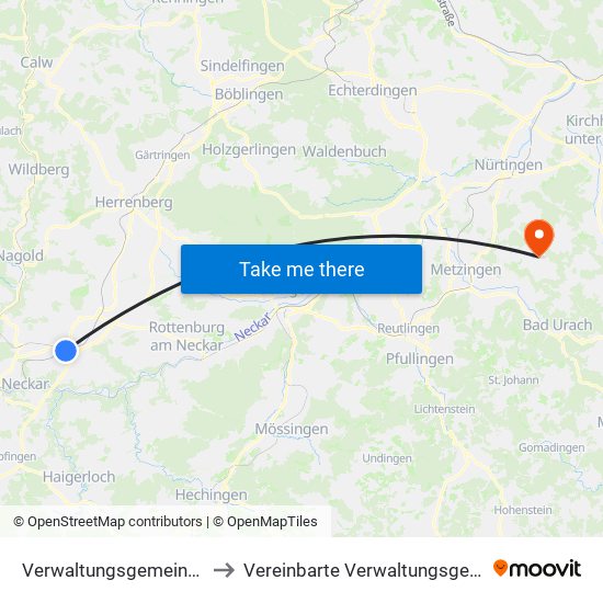 Verwaltungsgemeinschaft Horb am Neckar to Vereinbarte Verwaltungsgemeinschaft Der Stadt Neuffen map