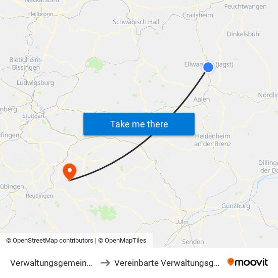 Verwaltungsgemeinschaft Ellwangen (Jagst) to Vereinbarte Verwaltungsgemeinschaft Der Stadt Neuffen map