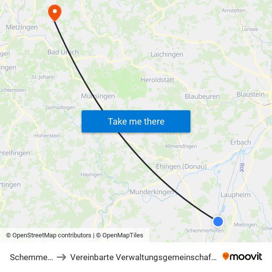Schemmerhofen to Vereinbarte Verwaltungsgemeinschaft Der Stadt Neuffen map