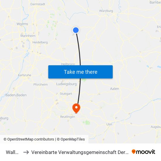 Walldürn to Vereinbarte Verwaltungsgemeinschaft Der Stadt Neuffen map