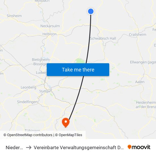 Niedernhall to Vereinbarte Verwaltungsgemeinschaft Der Stadt Neuffen map