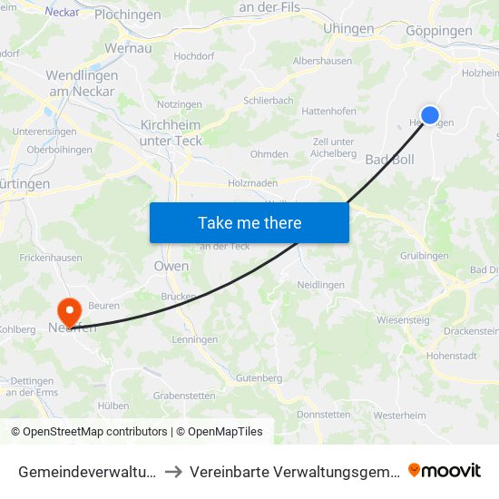 Gemeindeverwaltungsverband Voralb to Vereinbarte Verwaltungsgemeinschaft Der Stadt Neuffen map