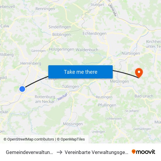 Gemeindeverwaltungsverband Oberes Gäu to Vereinbarte Verwaltungsgemeinschaft Der Stadt Neuffen map