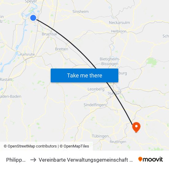 Philippsburg to Vereinbarte Verwaltungsgemeinschaft Der Stadt Neuffen map