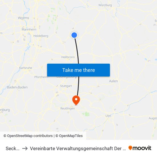 Seckach to Vereinbarte Verwaltungsgemeinschaft Der Stadt Neuffen map