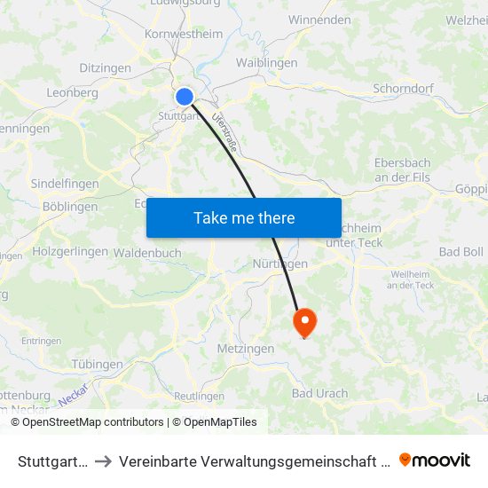 Stuttgart-Nord to Vereinbarte Verwaltungsgemeinschaft Der Stadt Neuffen map