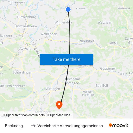 Backnang-Maubach to Vereinbarte Verwaltungsgemeinschaft Der Stadt Neuffen map