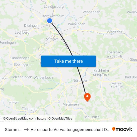 Stammheim to Vereinbarte Verwaltungsgemeinschaft Der Stadt Neuffen map