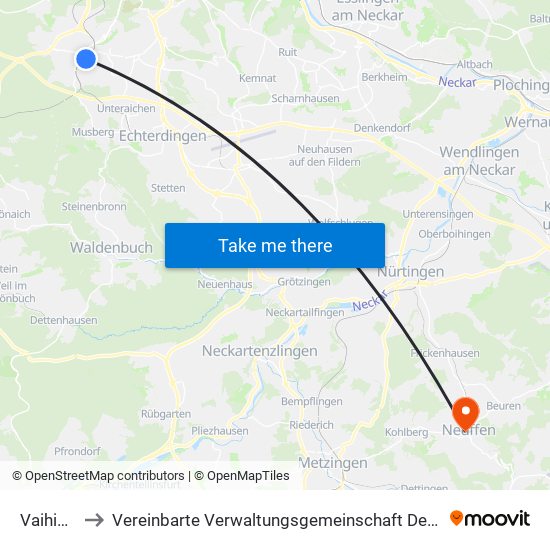 Vaihingen to Vereinbarte Verwaltungsgemeinschaft Der Stadt Neuffen map