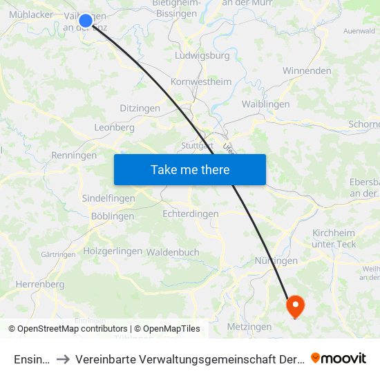 Ensingen to Vereinbarte Verwaltungsgemeinschaft Der Stadt Neuffen map