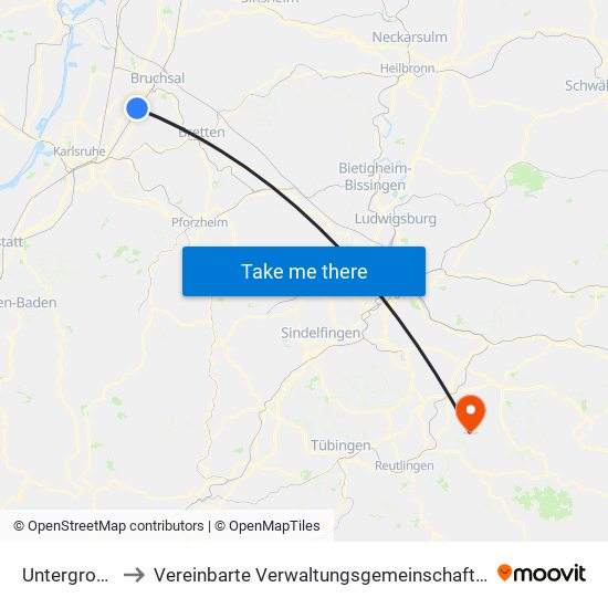 Untergrombach to Vereinbarte Verwaltungsgemeinschaft Der Stadt Neuffen map