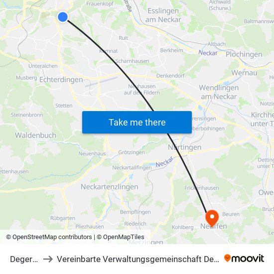 Degerloch to Vereinbarte Verwaltungsgemeinschaft Der Stadt Neuffen map