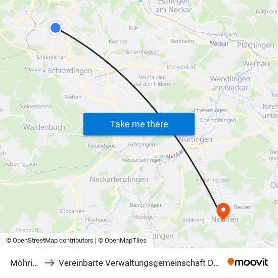 Möhringen to Vereinbarte Verwaltungsgemeinschaft Der Stadt Neuffen map