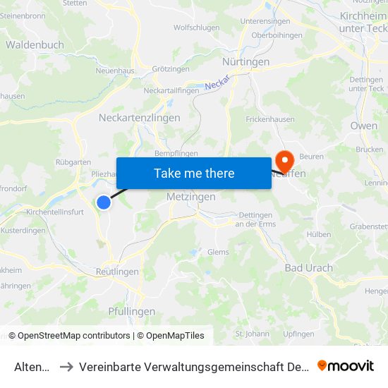 Altenburg to Vereinbarte Verwaltungsgemeinschaft Der Stadt Neuffen map