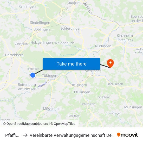 Pfäffingen to Vereinbarte Verwaltungsgemeinschaft Der Stadt Neuffen map