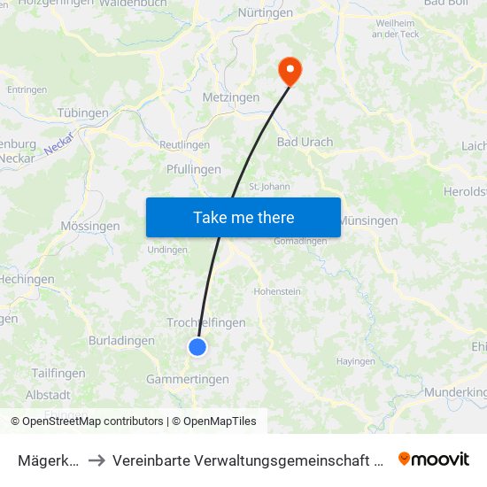 Mägerkingen to Vereinbarte Verwaltungsgemeinschaft Der Stadt Neuffen map