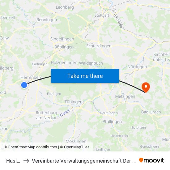Haslach to Vereinbarte Verwaltungsgemeinschaft Der Stadt Neuffen map