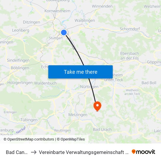 Bad Cannstatt to Vereinbarte Verwaltungsgemeinschaft Der Stadt Neuffen map