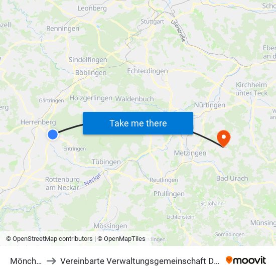 Mönchberg to Vereinbarte Verwaltungsgemeinschaft Der Stadt Neuffen map