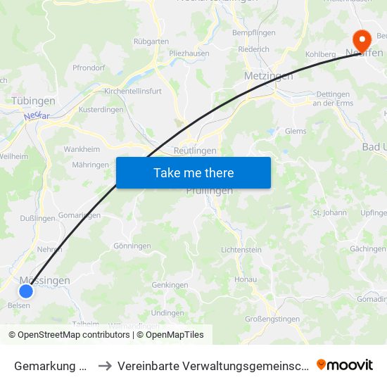 Gemarkung Mössingen to Vereinbarte Verwaltungsgemeinschaft Der Stadt Neuffen map