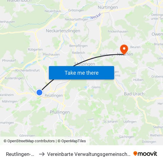 Reutlingen-Betzingen to Vereinbarte Verwaltungsgemeinschaft Der Stadt Neuffen map