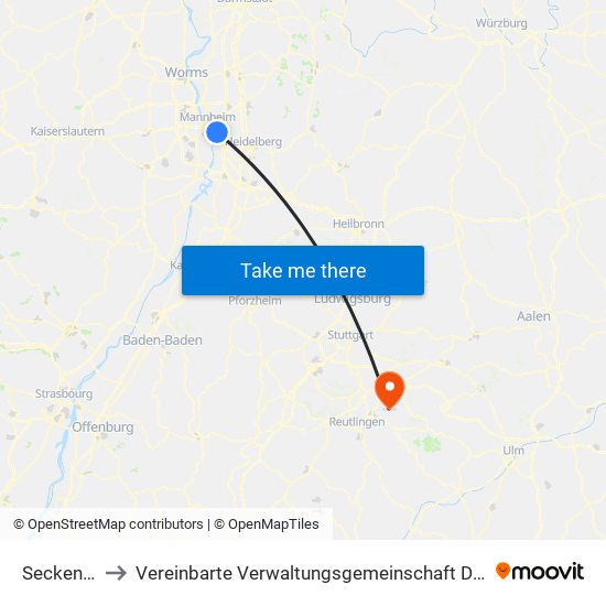 Seckenheim to Vereinbarte Verwaltungsgemeinschaft Der Stadt Neuffen map