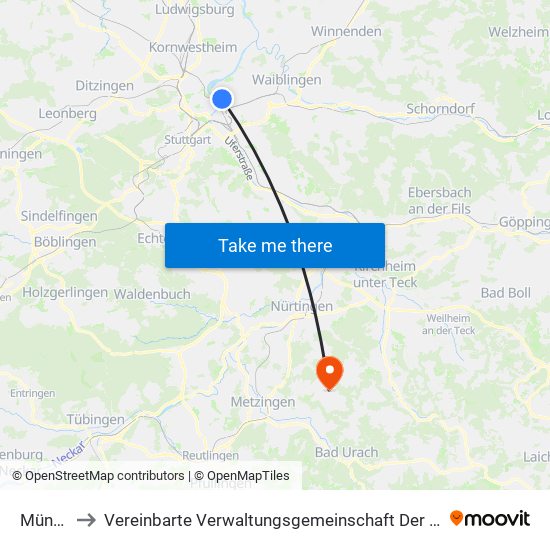 Münster to Vereinbarte Verwaltungsgemeinschaft Der Stadt Neuffen map