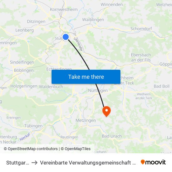 Stuttgart-Ost to Vereinbarte Verwaltungsgemeinschaft Der Stadt Neuffen map