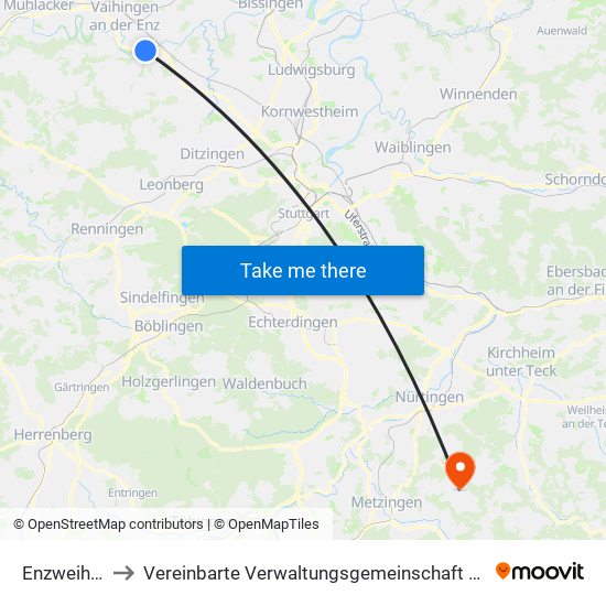 Enzweihingen to Vereinbarte Verwaltungsgemeinschaft Der Stadt Neuffen map