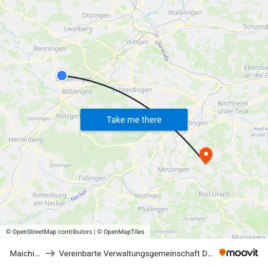 Maichingen to Vereinbarte Verwaltungsgemeinschaft Der Stadt Neuffen map