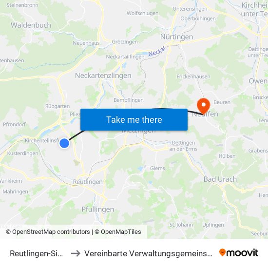 Reutlingen-Sickenhausen to Vereinbarte Verwaltungsgemeinschaft Der Stadt Neuffen map