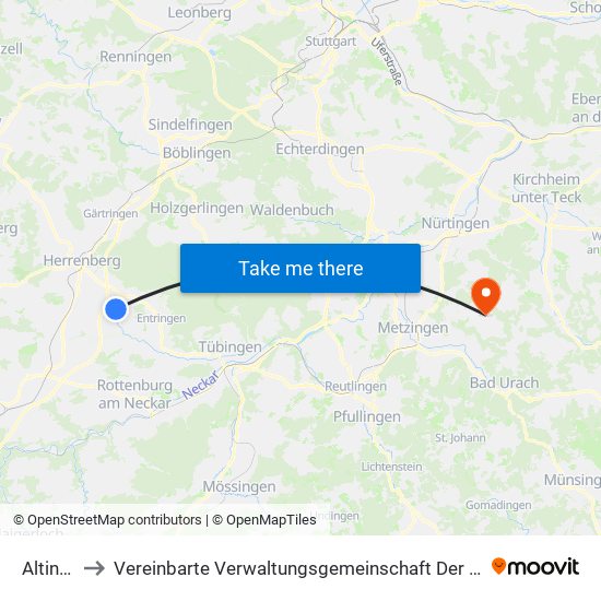 Altingen to Vereinbarte Verwaltungsgemeinschaft Der Stadt Neuffen map