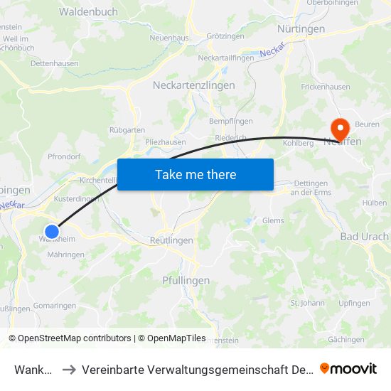 Wankheim to Vereinbarte Verwaltungsgemeinschaft Der Stadt Neuffen map